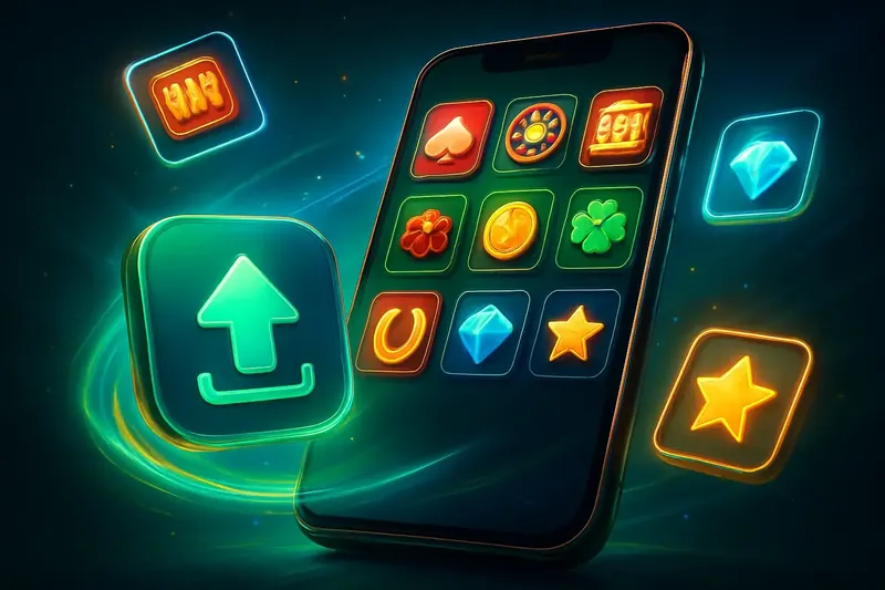 Glossy smartphone casino app banner with neon download effects