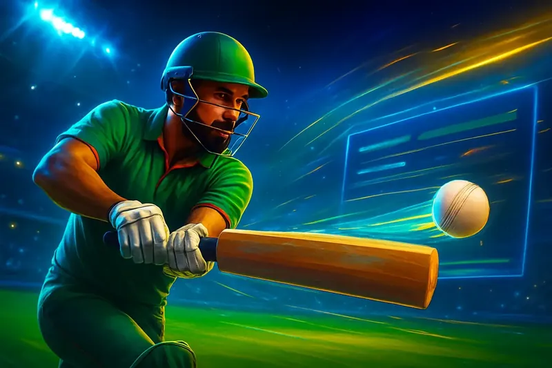 Cricket batter striking ball under stadium lights in dynamic sportsbook banner