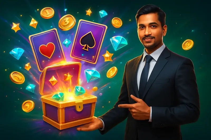 Glowing reward chest with cards, coins, gems, and stars bursting out