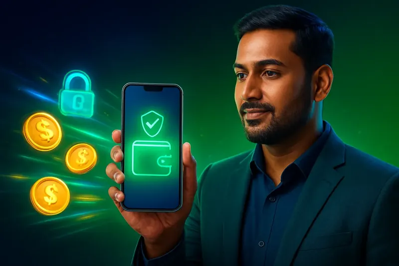 Hand holding smartphone with secure mobile wallet, coins, and speed light trails