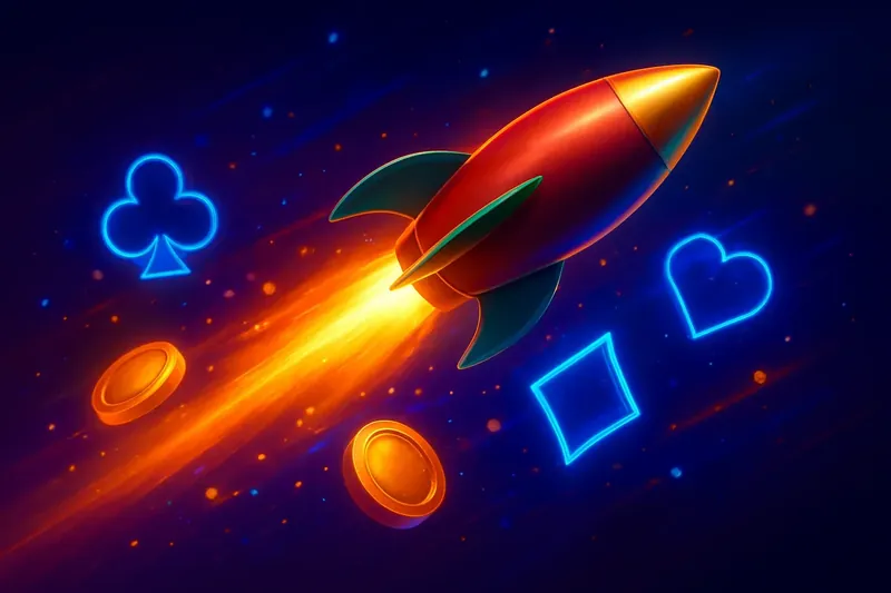 Glossy rocket launch casino banner with neon speed trails and game particles