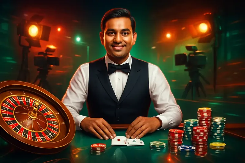 Friendly professional live dealer with roulette, cards, chips, and studio lights