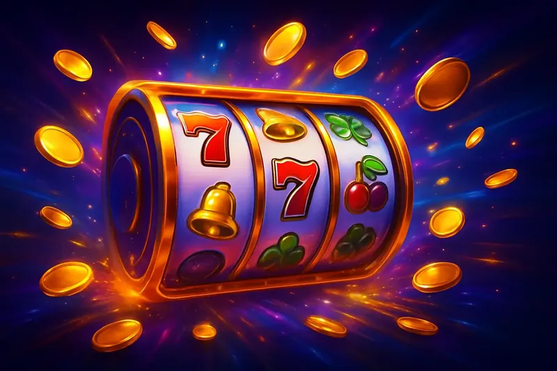 Colorful spinning slot machine reels with coins, sparkles, and neon glow